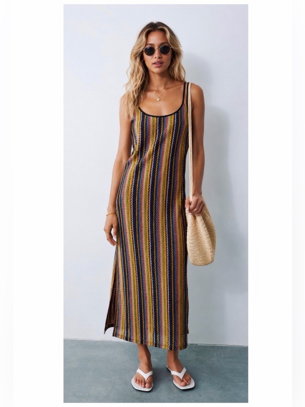 Zara Textured Mesh Knit Maxi Dress S Colorful Stripe Side Slit Summer Festival